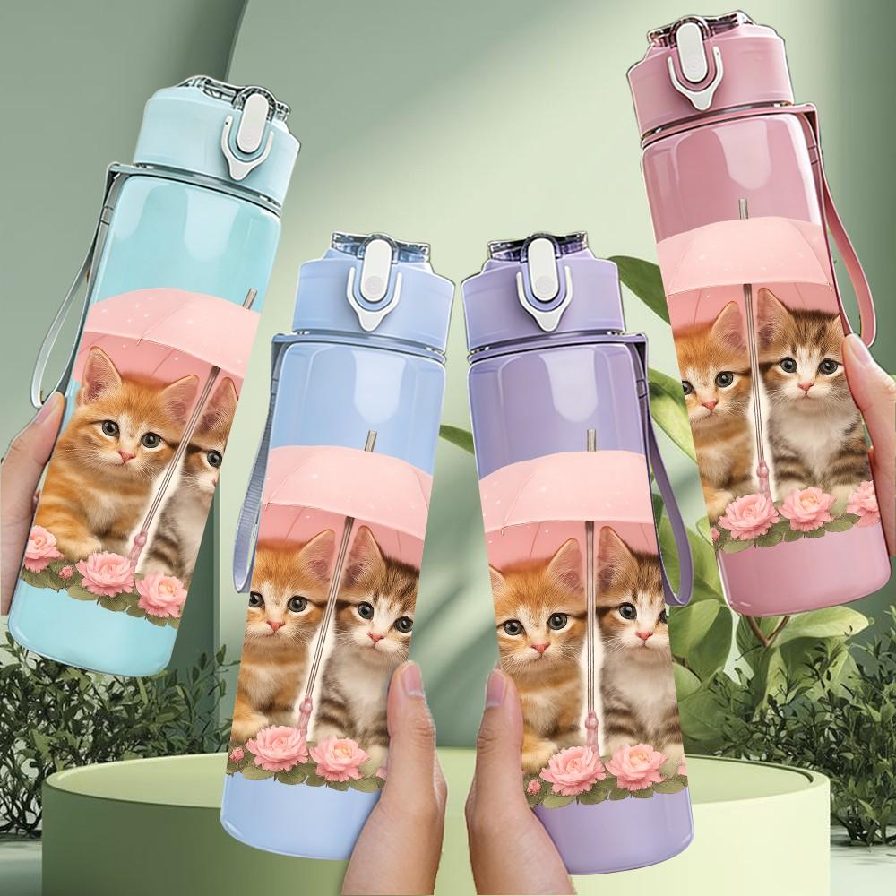 1PC Two Kittens Under Pink Umbrella 750ml Color Plastic Sports Water Bottle Leakproof Flip Straw Lid For Sports Office Home Use