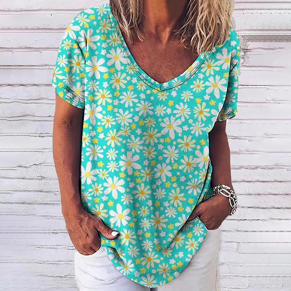 Fashion Women's T-shirt 3D Floral Print Tops Tees V Neck Short Sleeves Female Clothes Summer Large Size T Shirt Woman Clothing
