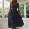 Women Midi Dress with Square Neck Bubble Sleeves A-line Flowy Hem Small Floral Print Patchwork Pleated Shirring Dating Vacation Dress
