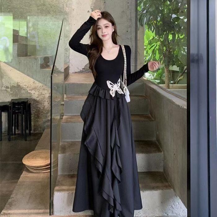 Elegant Butterfly Print Ruffle Dress for Spring and Autumn L