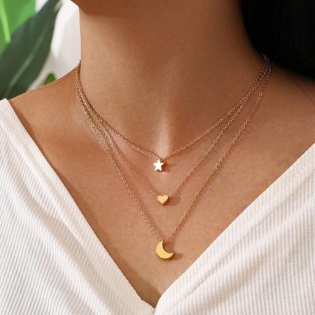 Simple stacked alloy accessories women, fashionable multi-layer star moon love pendant necklace