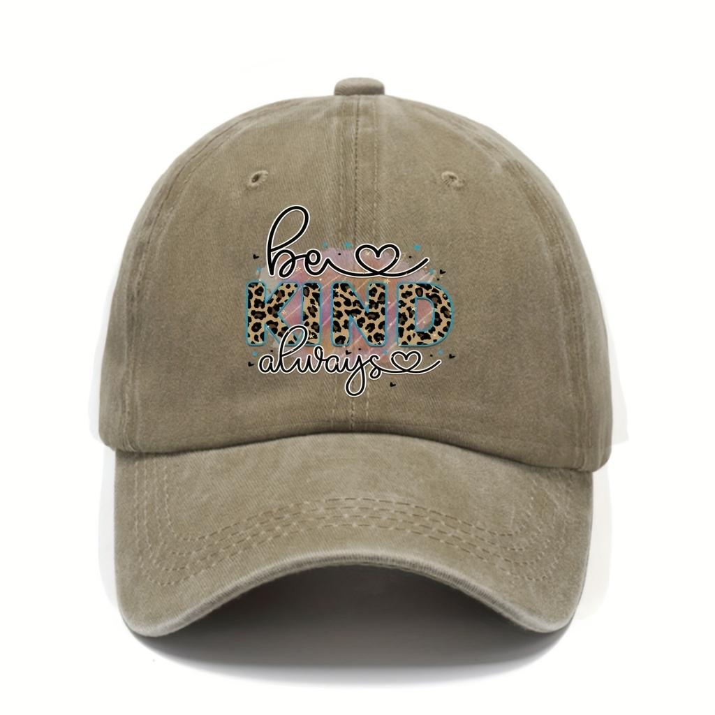 Be Kind Always Leopard Print Baseball Cap Distressed Washed Vintage Style Adjustable Sun Protection Cap for Unisex Adults