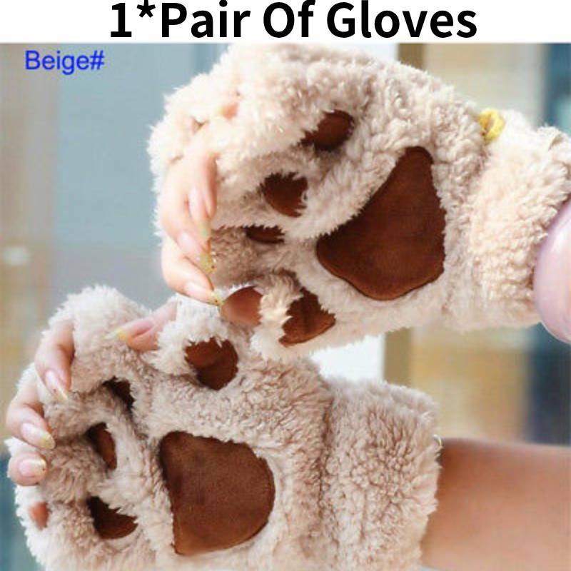 Niedliche Katzenpfoten-Handschuhe Winter Warm Touchscreen Halbfinger-Fäustlinge für Mädchen