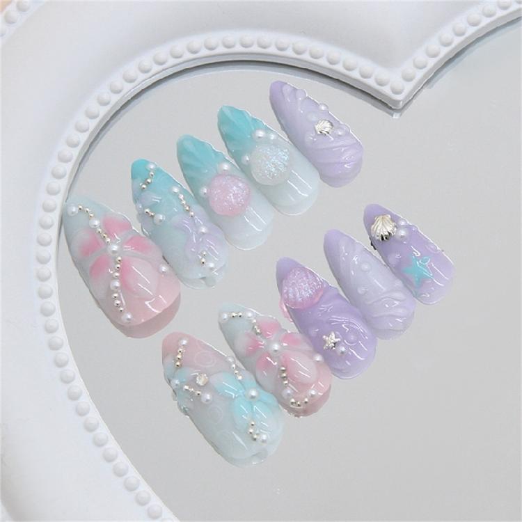 Instants Glamours 24PCS False Nail Set Featuring 3D Seashells Rhinestones Artwork Gradient Holographics Finish Reusable Press On Nail Multi Sizes