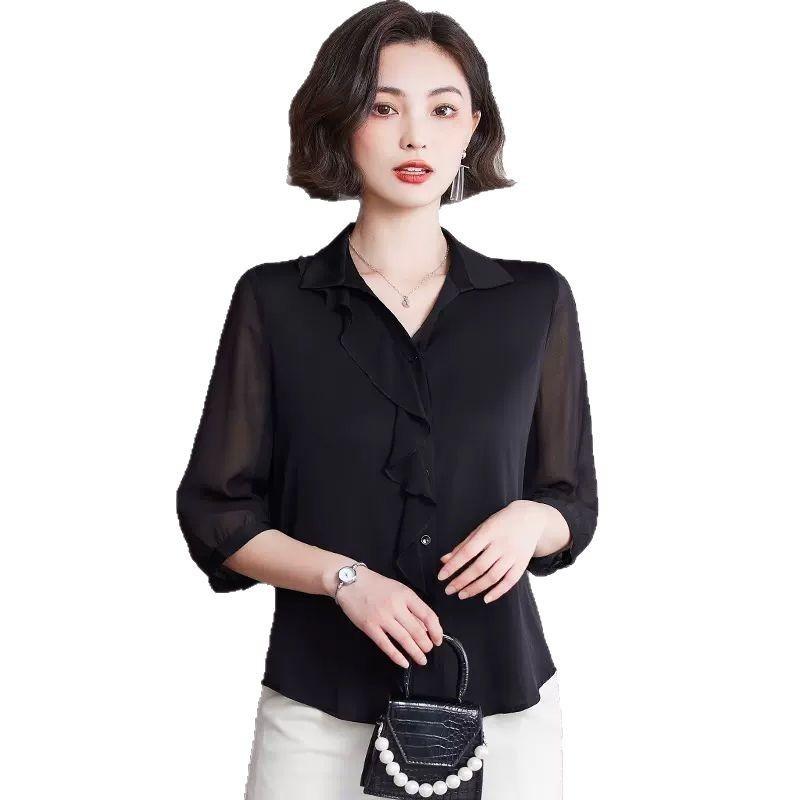 Black Satin Shirt for Women 2025 New Fashion Quarter Sleeve Shirt Chiffon Top