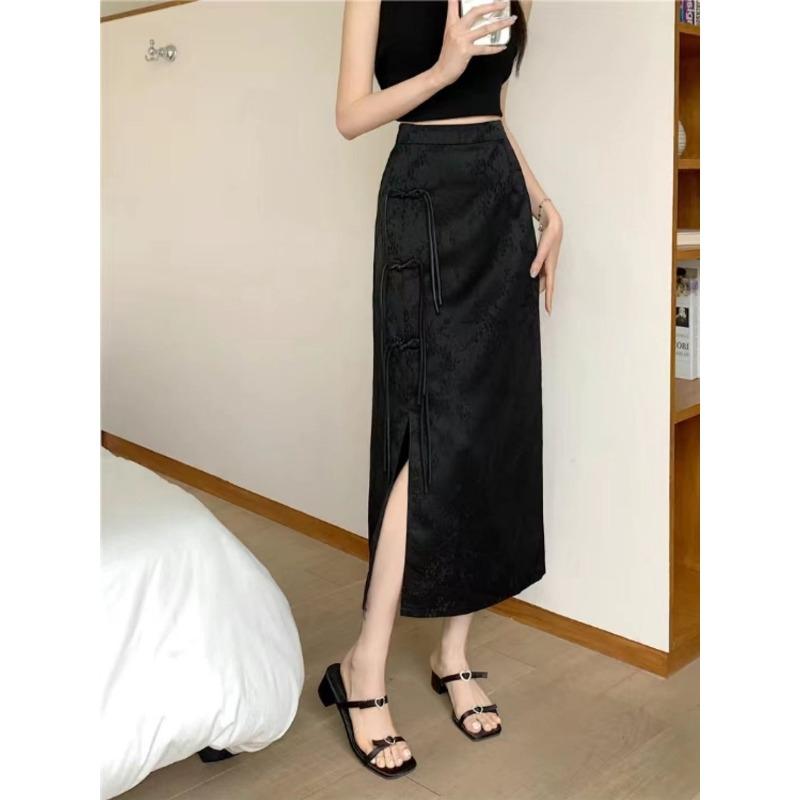 New Chinese Style Buckle Versatile Temperament Slit Skirt Summer New Retro High Waist Mid-length Skirt