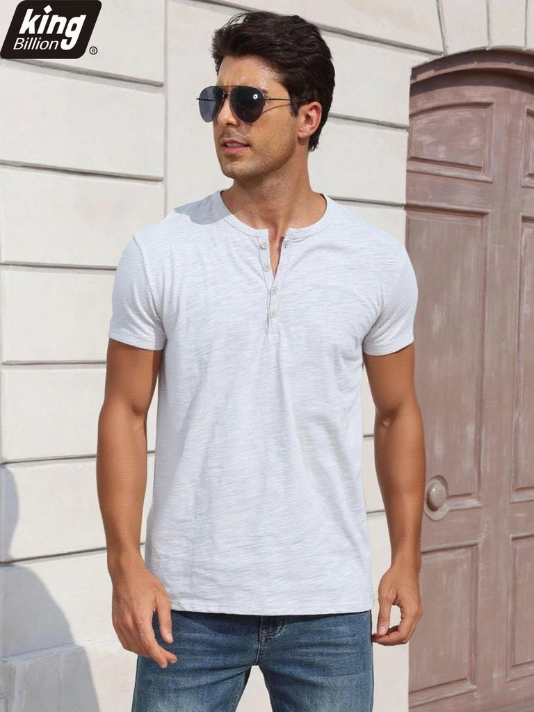 Men's Cotton T-shirt Fashion Button Design Breathable Solid Color Short-sleeved Henley Neck Tops Slim Fit Cozy Male Casual Tees