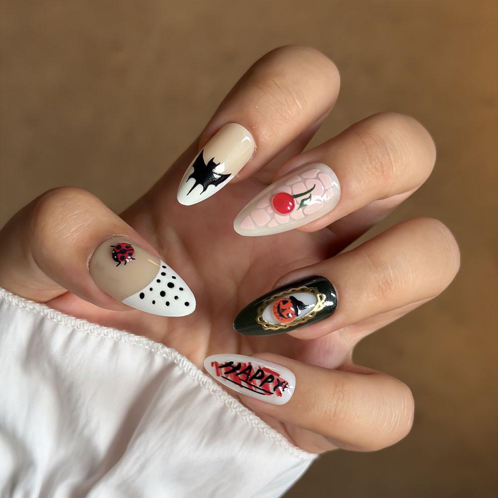 30 Pcs Halloween Almond-Shaped Pumpkin & Bat False Nails - Medium Length Party & Carnival Design