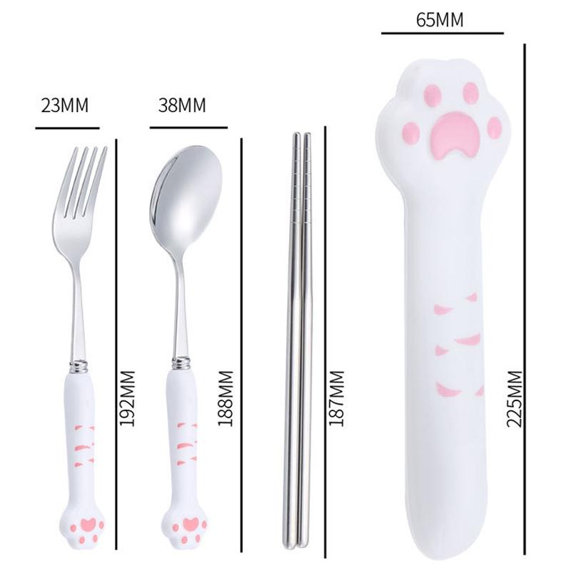 Cute Cat Paw Cutlery Set Stainless Steel Fork Spoon With Storage Box Dinnerware Tableware Silverware Lunch Portable Tableware