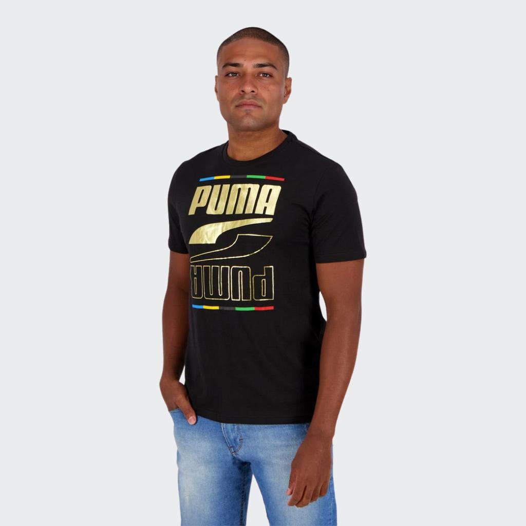 Puma Gold Foil Logo Print Short Sleeve T-Shirt Men Tops Black 586589-01