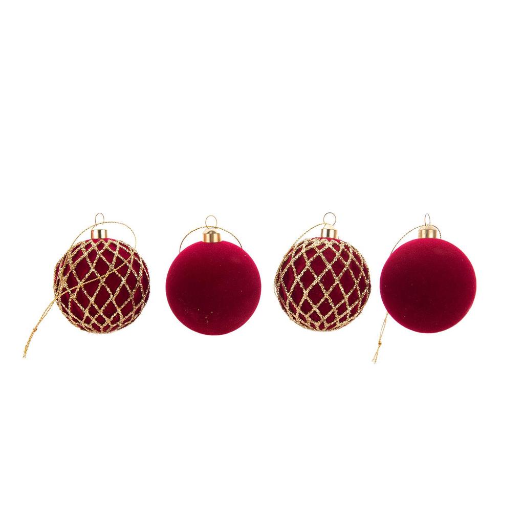 6cm Burgundy Flocked Christmas Baubles with Gold Glitter, 48Pcs Gift Box, 4 Patterns Xmas Tree Hanging Ornaments