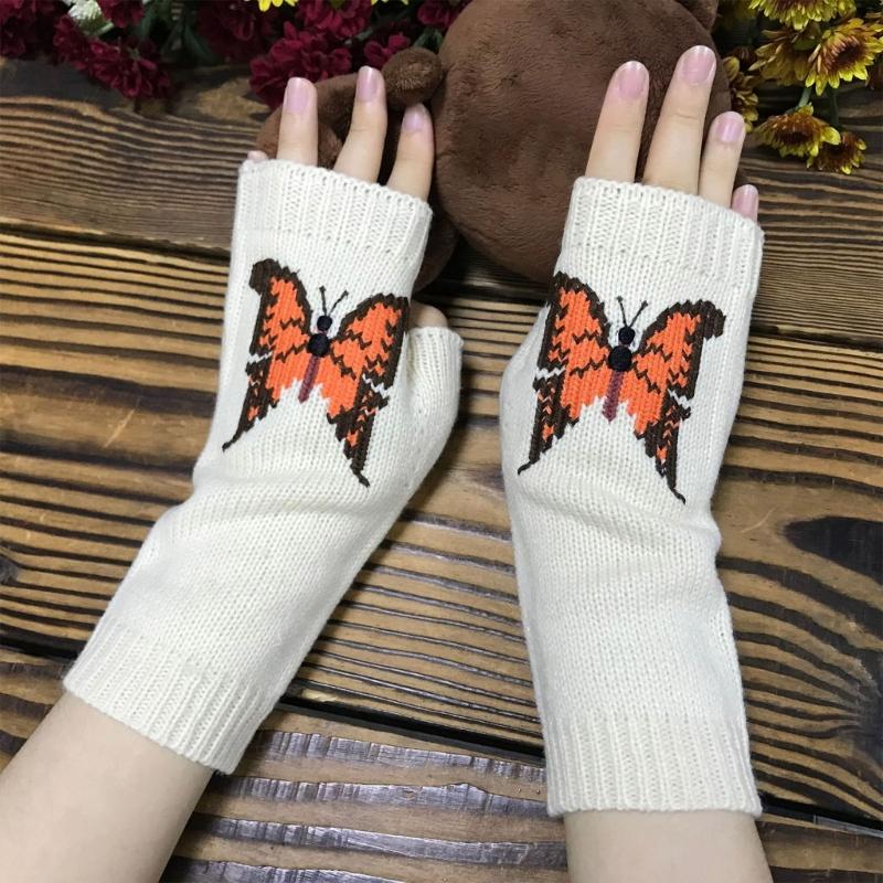 Embroidery Butterfly Pattern Knitted Gloves Winter Half Finger Thicken Warm Christmas Long Gloves for Girlfriend