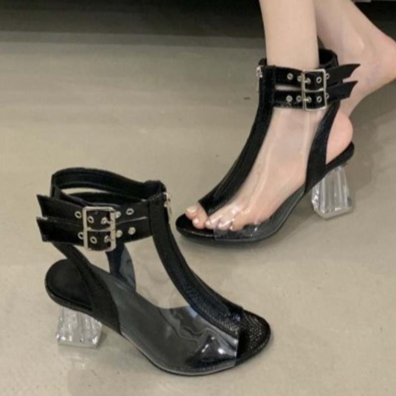 Fashion Punk Zip Design Brand Modern Boots Women Transparent PVC Ankle Strap Buckle Summer Boots Super-high Heel Slingback Ankle Boots