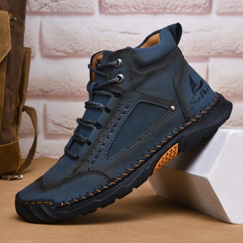 New Style Plus Size Men's Hand-Stitched Leather Martin Boots - Short, Lace-Up, Casual Footwear