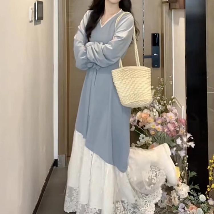 Herbst Französisches Temperament Spitzen-Patchwork-Kleid Damen Sanfter Stil Taillenbetonend High-End Langer Rock ins