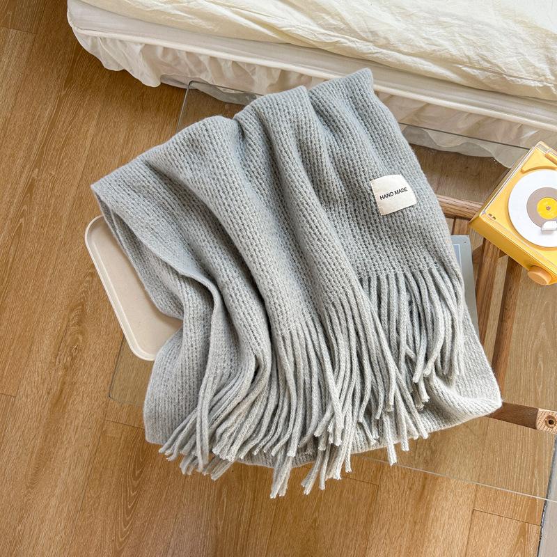 Korean Style Knitted Woolen Scarf for Women Winter New Solid Color White Student Long Warm Scarf High End
