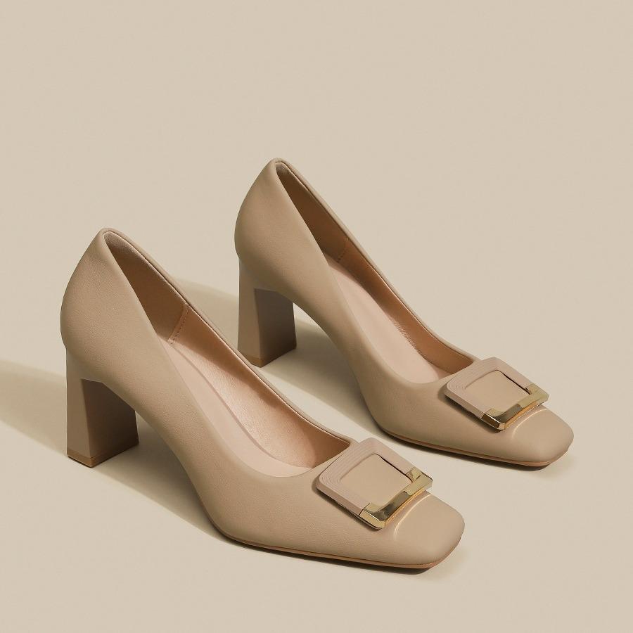 

2025 Mary Jane shoes metal square buckle temperament square head thick heel high heels light mouth fashion versatile single shoes small leather shoes 34 абрикосовый