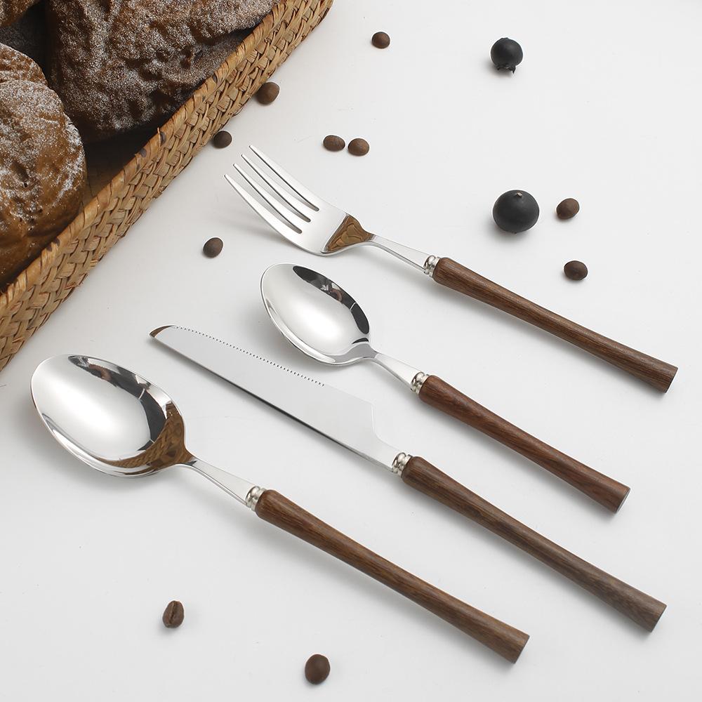 4pcs/set Stainless Steel Imitation Wooden Handle Cutlery Set Dinnerware Clamp Western Tableware Knife Fork Tea Spoon