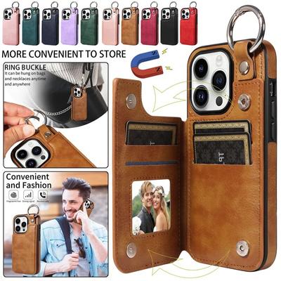 Étui de téléphone de carte de portefeuille en cuir d’anneau pour iPhone 15 Pro Max 14 Plus 13 Pro 12 11 pour Samsung Galaxy S24 Ultra S23 S22 S21 FE A15 A54 A34 A14 Flip Cover