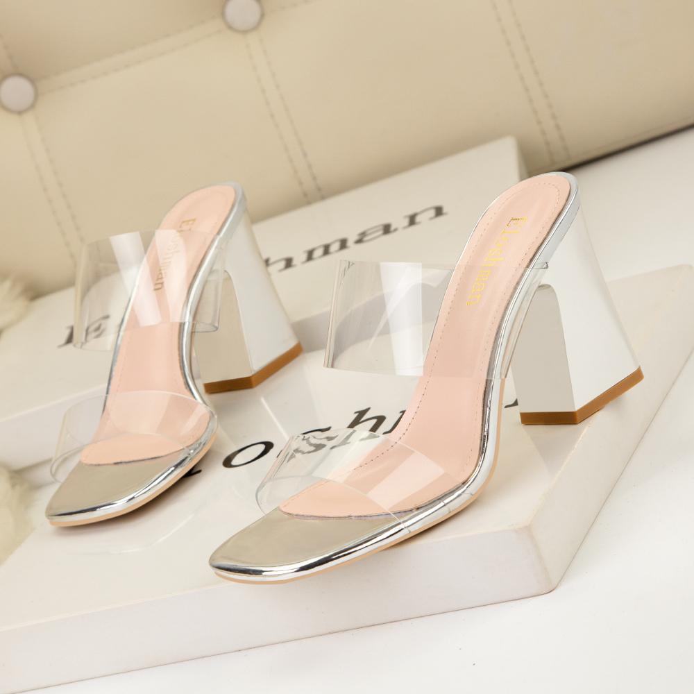 Fashion 2025 Summer Women Block Fetish 8.5cm High Heels Nude Mules Transparent Thick Sandals Female Pumps Clear Low Heels Black Shoes