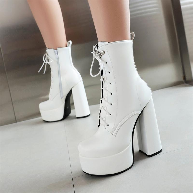 Platform Ankle Boots For Women White Black Punk Gothic High Heels Motorcycle Boots Lace-up Autumn Winter Shoes Female Waterproof