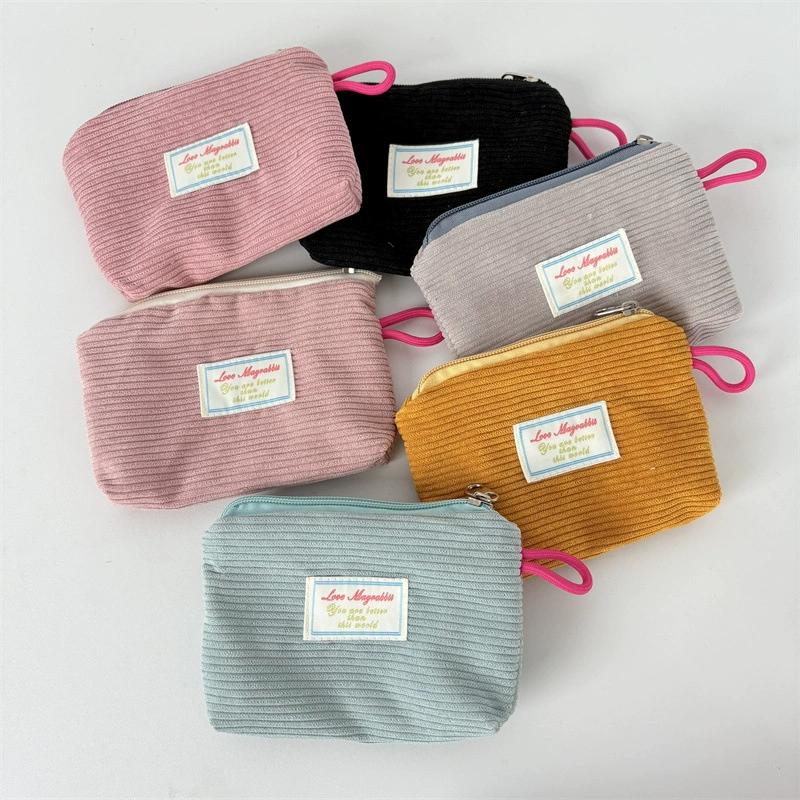 Mini Corduroy Cosmetic Pouch Solid Color with Contrast Zipper Portable Lipstick Makeup Bag Coin Purse for Women