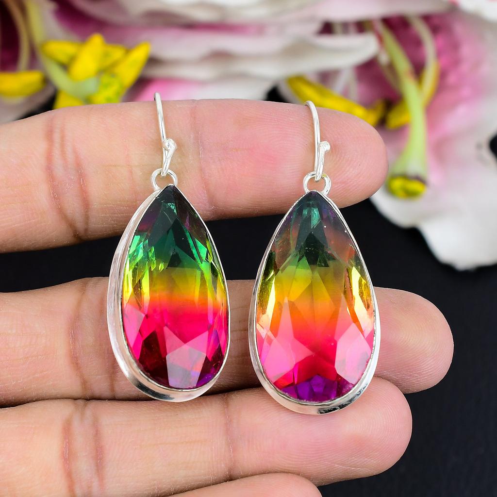Bi-Color Tourmaline Gemstone 925 Sterling Silver Jewelry Earring 2.13" KG-1760