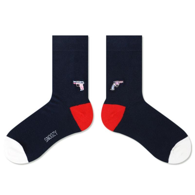 SNOOZY Pink Gun Embroidered Socks (Navy Red)