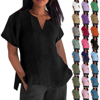 Women's Fashion Short Sleeve V-Neck Solid Colour Loose Casual Shirt Cotton Blouse