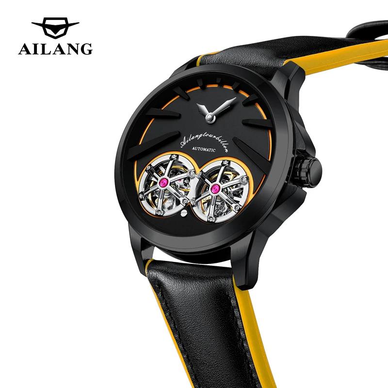 Domed Holographic Glass with Anti Glare AI LANG Fashion Watch Mechanic Automatic Double Tourbillon High-end Leather Wristwatch
