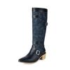 Fashion European American Color Blocked Western Cowboy Boots Women Pointed Spliced Belt Buckle 4.5cm Thick Heel Knee High Boots 35-46