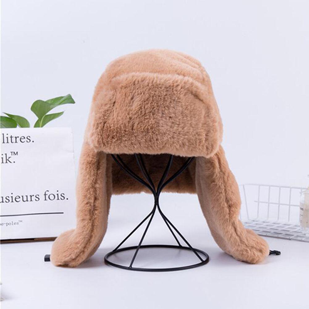 Women Winter Plush Bomber Hat with Earflap Solid Color Lady Thicken Warm Ushanka Hat