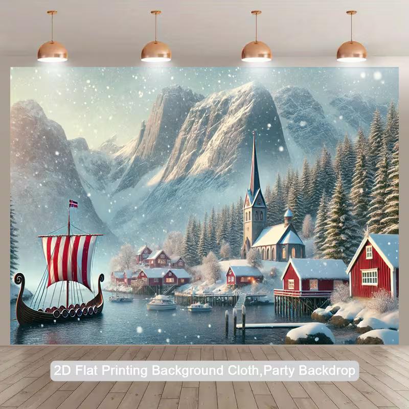 

Nordic Christmas Backdrop 2D Print, Snowy Norwegian Village with Church and Fjord for Holiday Decor 47.2x31.5inch/120*80cm