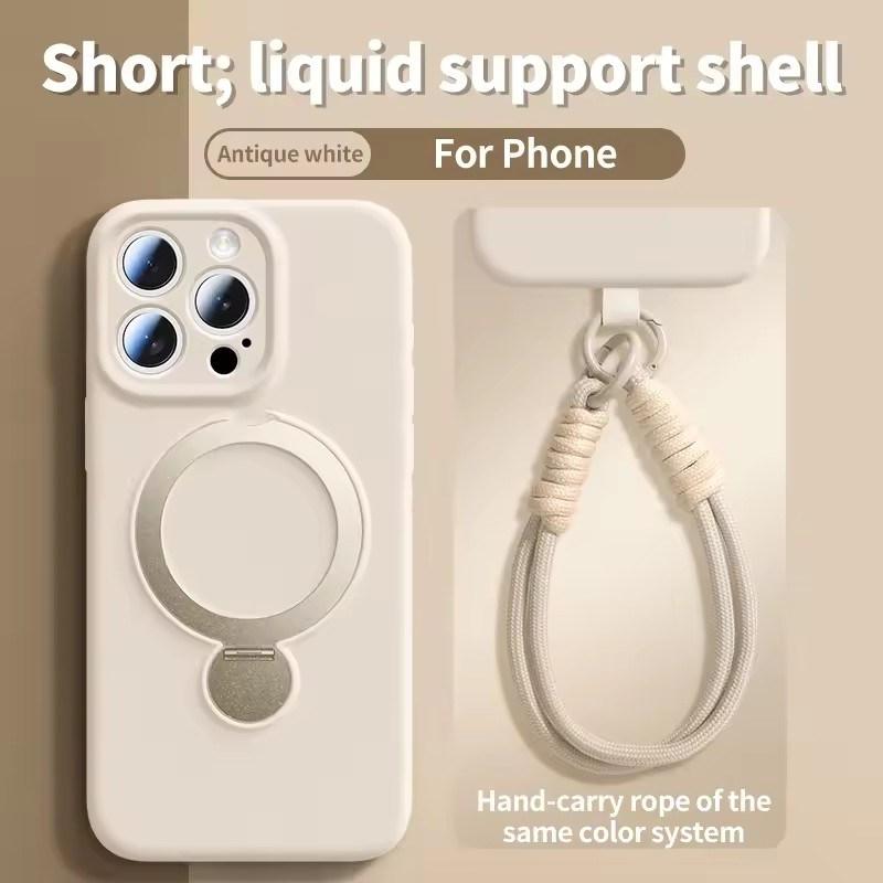 Magsafe Magnetic Bracket Liquid Silicone Phone Case For IPhone 13 14 15 16 17 Pro Max With Hanging Rope Anti fall Protective Cover
