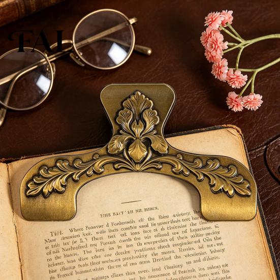 Book Page Holder for Reading Vintage Metal Holder, with Floral Pattern Design, Hands Free Rustic Desk Decor Readers Clip, Durable Zinc Alloy Spreader,