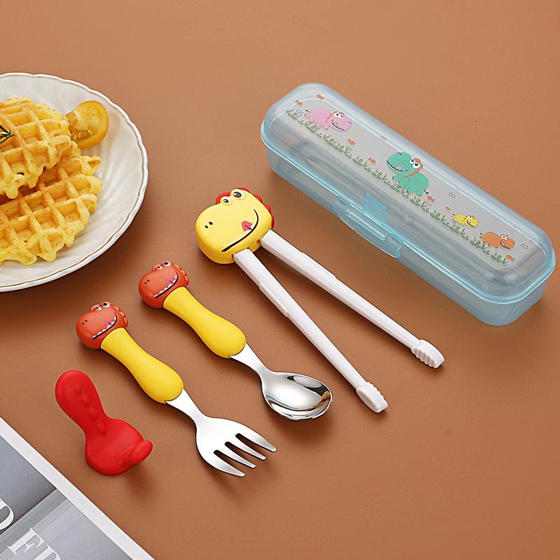 304 Stainless Steel Baby Tableware Set - Includes Spoon, Fork, Anti-Fall Cute Cartoon Chopsticks for Kids