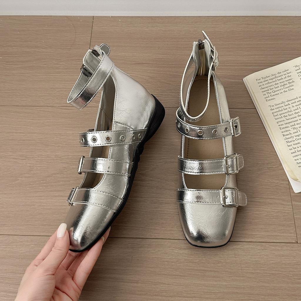 Niche fashionable personality silver versatile round head flat bottom inner height-increasing shoes women's ballet light mouth Mary Jane small single 