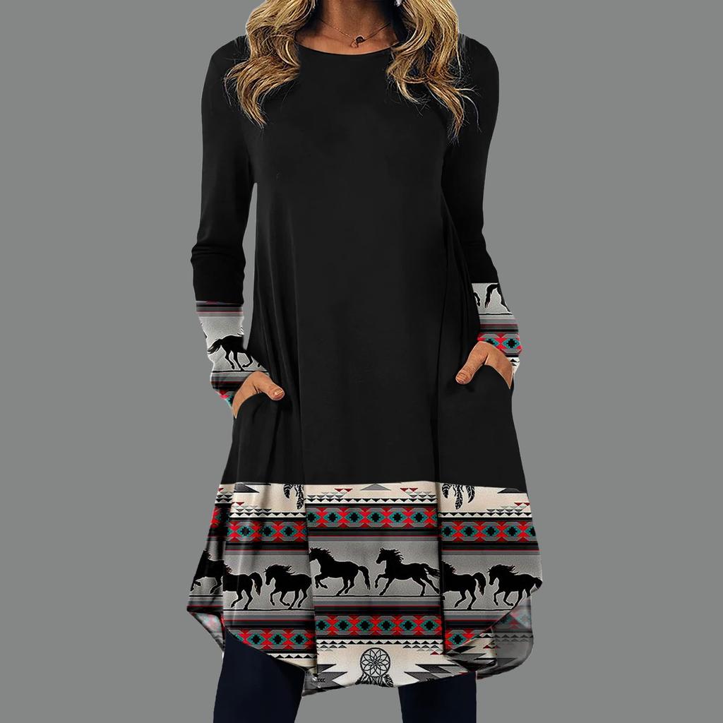 Women's Fashion Casual Printed Round Neck Pullover Loose Long Sleeve Dress