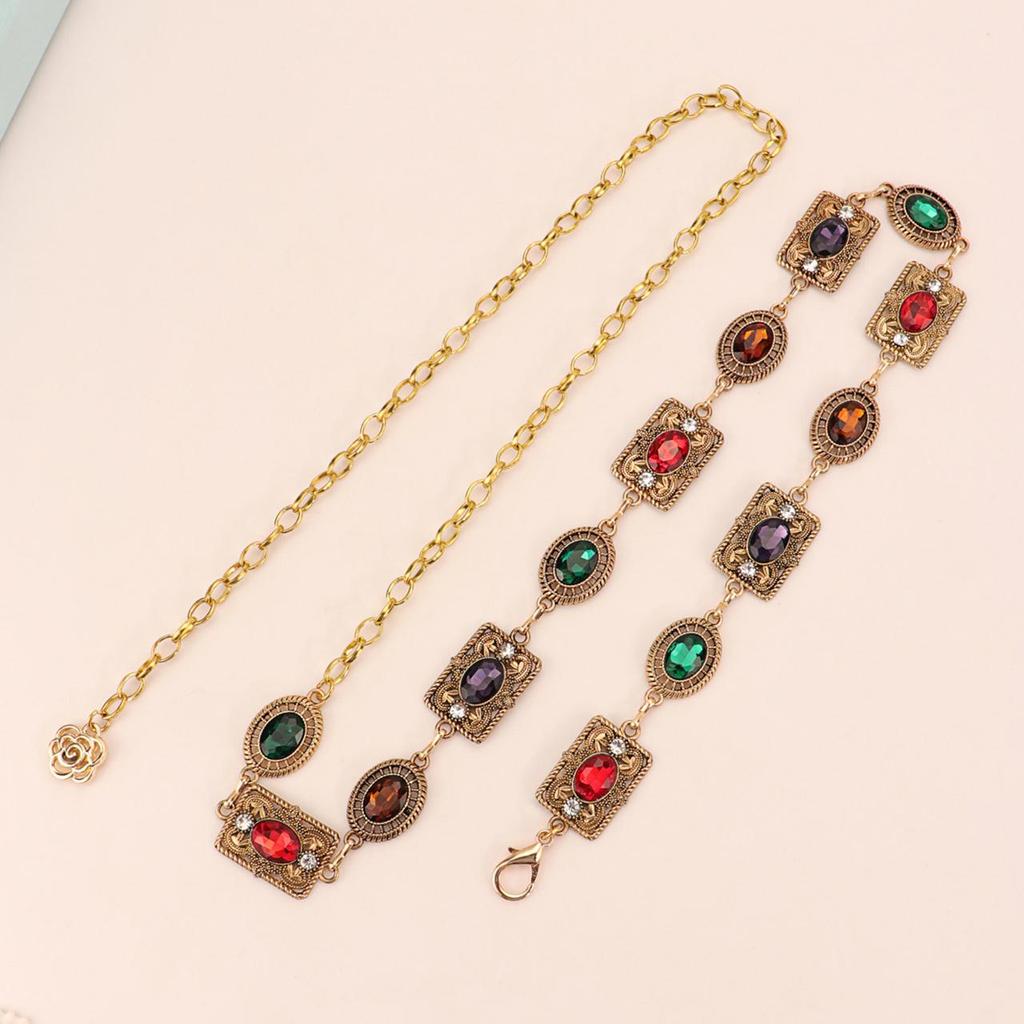 Gold Carved Rhinestone Chains Women Oval-shaped Metal Thin Bohemian Long Waist Chain Dress Shirt Decorative Strap Girdle