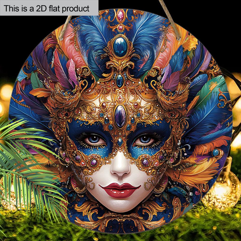 Carnival Mask Theme Round Wooden Sign, Home Wall Craft Decoration, Wooden Holiday Statue Decoration for Home, Office, Party Ideal for Mardi Gras Gifts