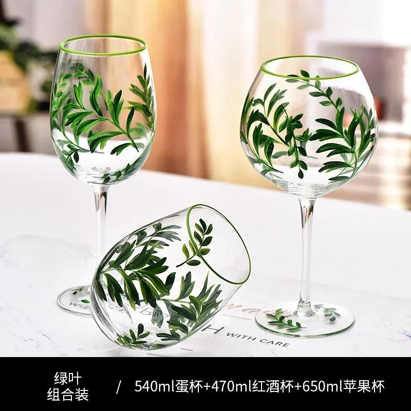 Hand Drawn Flower Patterned Crystal Glass Cup Festival Party Art High Feet Red Wine Cup Family Wine Glass Set Of Three Pieces