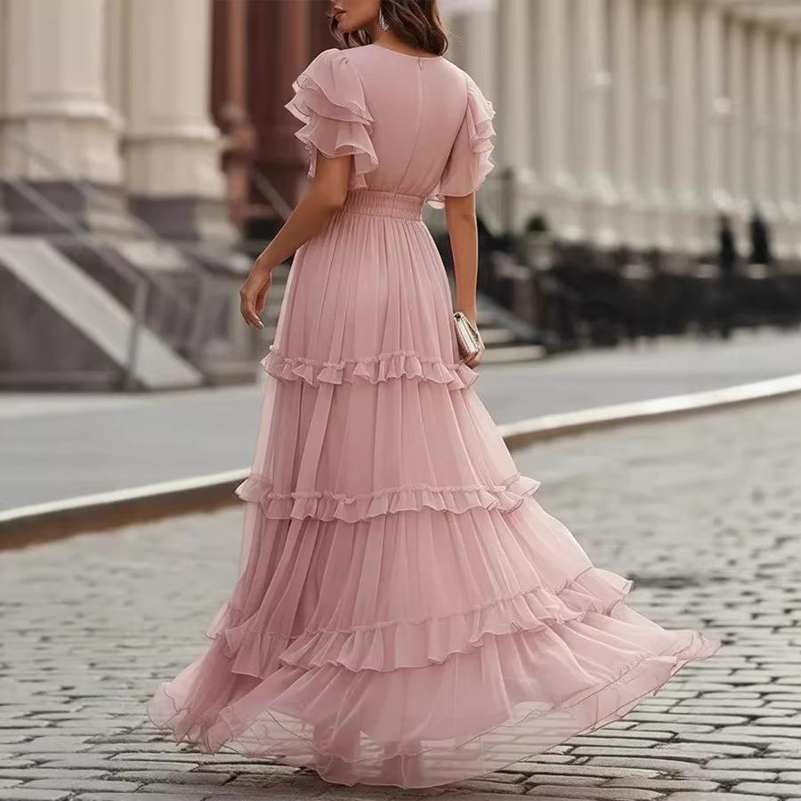 In Stock, European and American Style V-neck Ruffle Edge Pink Cake Long Dress Women's Waist Thin and Elegant Chiffon Dress
