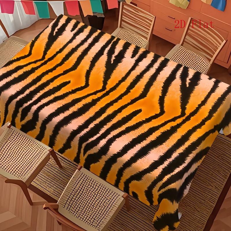 2D Flat 1pc - Animal Pattern Tiger Stripe Style Tablecloth with Orange And Black Tiger Design, Machine Washable Polyester Tablecloth, Suitable for Res