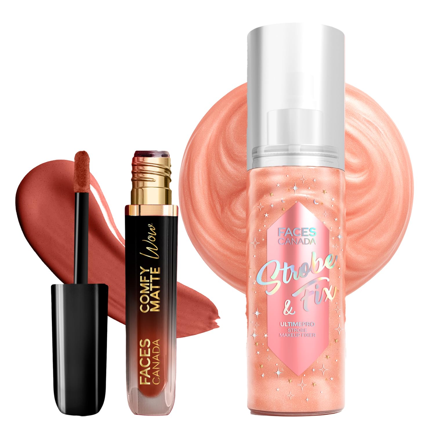 FACES CANADA Matte & Set Duo 03 | Wow Liquid Lipstick - Nude Nectar (3.8ml) + Ultime Pro Strobe Makeup Fixer (50ml) | One Swipe Application | Hig