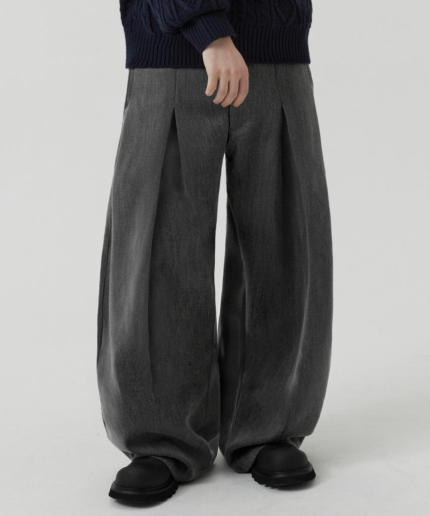 TRILLION Wool-Like Inverted Tuck Herringbone Wide Pants (Gray)