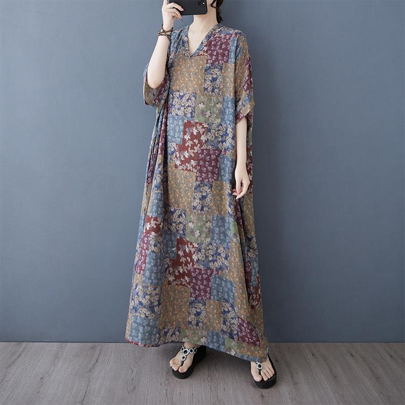 Summer Casual Artistic Plus Size Loose Print V-neck Short Sleeved Dress