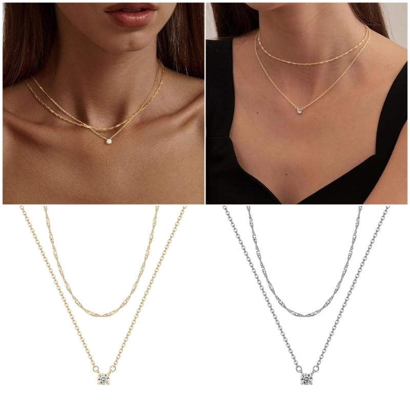 Double Layer Chain Necklace 1Cubic Zirconia Jewelry Water Resistant