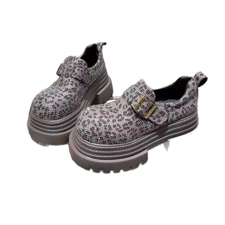 European station rhinestone full diamond leopard print thick-soled muffin small man three-layer sole JK small leather shoes loafers single shoes 