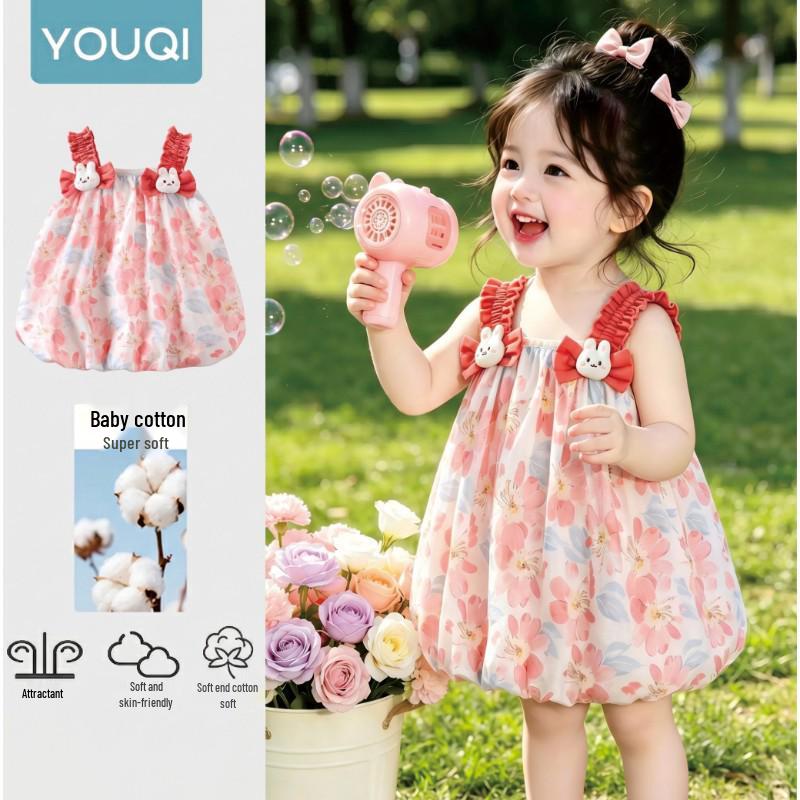 Youqi 2026 Summer Pink Floral Bunny Princess Dress for Babies - Play & Formal Wear