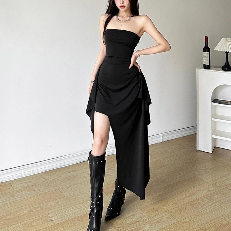 2026 European and American style spring new women's clothing solid color slim fit street fashion one-word collar tube top dress women